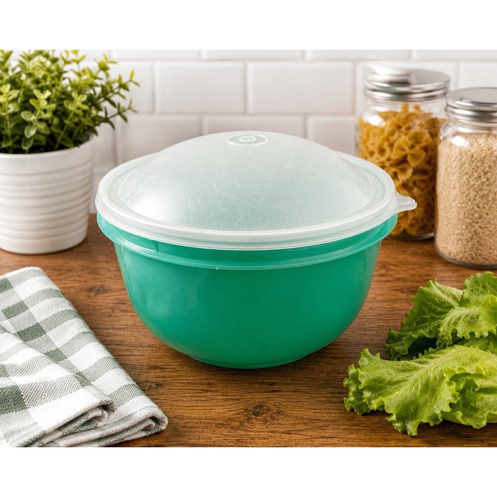 Vintage Tupperware Lettuce Keeper Salad Bowl Green Clear Lid Made In USA